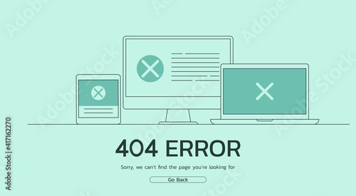 page not found 404 error concept on the website and having problems due to broken web page on laptop computer and tablet screens, vector flat illustration