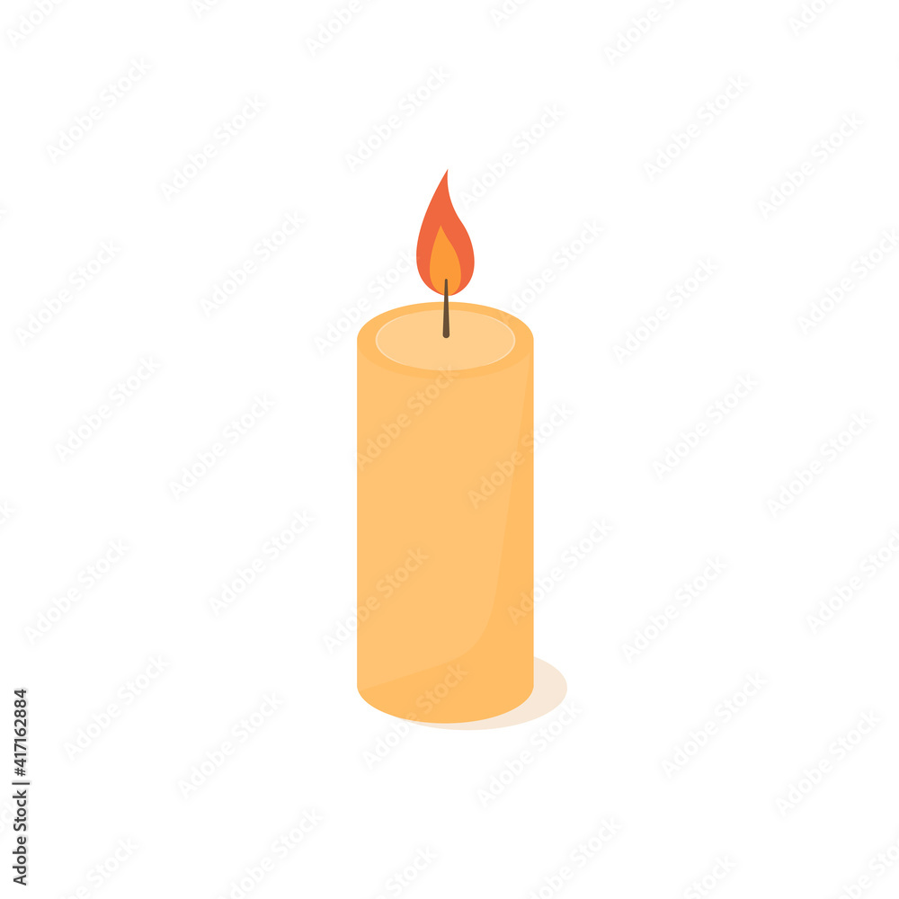 Waxy burning candle icon isolated of white background. Candle for birthday, memorial. Isometric design. Cartoon vector illustration.
