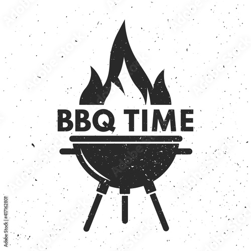 BBQ time with fire. Barbecue grill textured badge logo isolated on  vintage background. Simple flat design. Black grunge vector illustration.