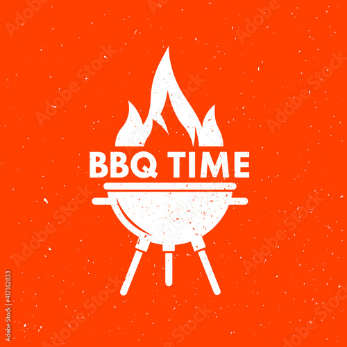 BBQ time with red fire. Barbecue grill textured badge logo isolated on red vintage background. Hand drawn design. Vector illustration.