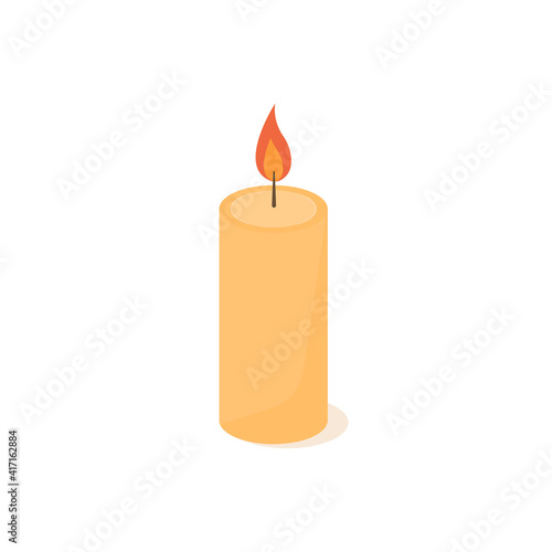 Waxy burning candle icon isolated of white background. Candle for birthday, memorial. Isometric design. Cartoon vector illustration.