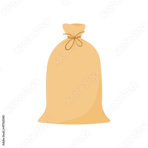 Linen woven fabric sack isolated of white background. Concept eco friendly packaging. Cartoon vector illustration.