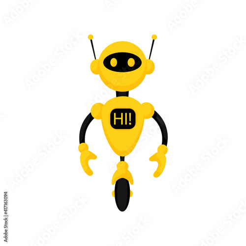 Cute yellow robot character isolated on white background. Friendly support service chat bot. Cartoon flat design. Vector illustration.