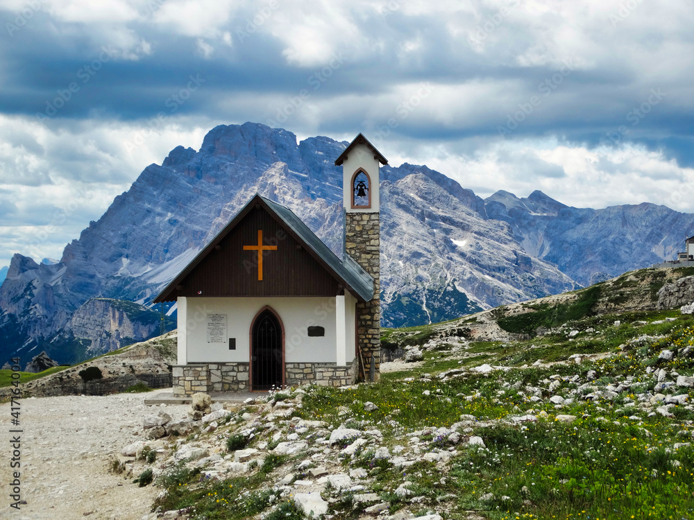 Small mountain chapel on the back of the 3 Zinnen in the South Tyrolean Dolomites