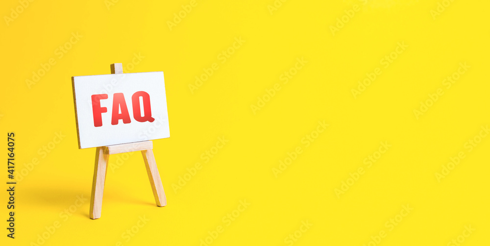 Easel with FAQ (frequently asked questions). Available answers to