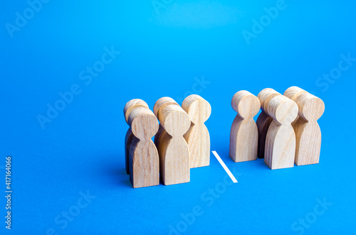 Five out of ten people separated by a line. Visualization of statistical data. 50% of 100%. Half and half. Dividing people into two groups on different issues. Polls test results. Equality in numbers