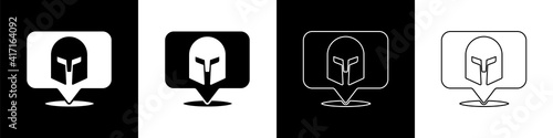 Set Greek helmet icon isolated on black and white background. Antiques helmet for head protection soldiers with a crest of feathers or horsehair. Vector.