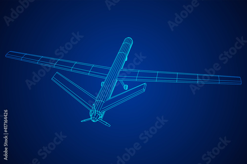 Military drone combat unmanned aerial vehicle. Recon aircraft plane. Wireframe low poly mesh vector illustration.