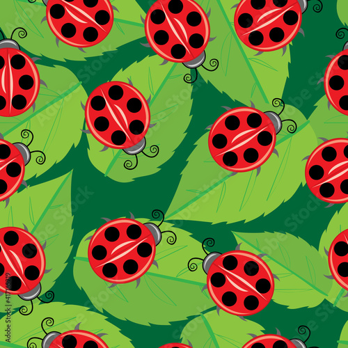 pattern, bright red ladybugs on green foliage, vector illustration,