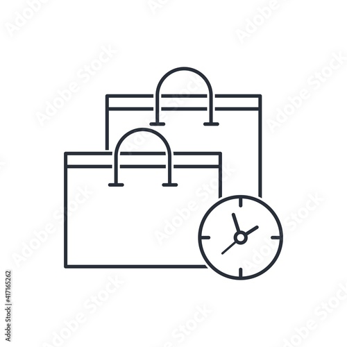 Paper bags, watches. Delivery concept of products, shopping time. Vector icon isolated on white background. 