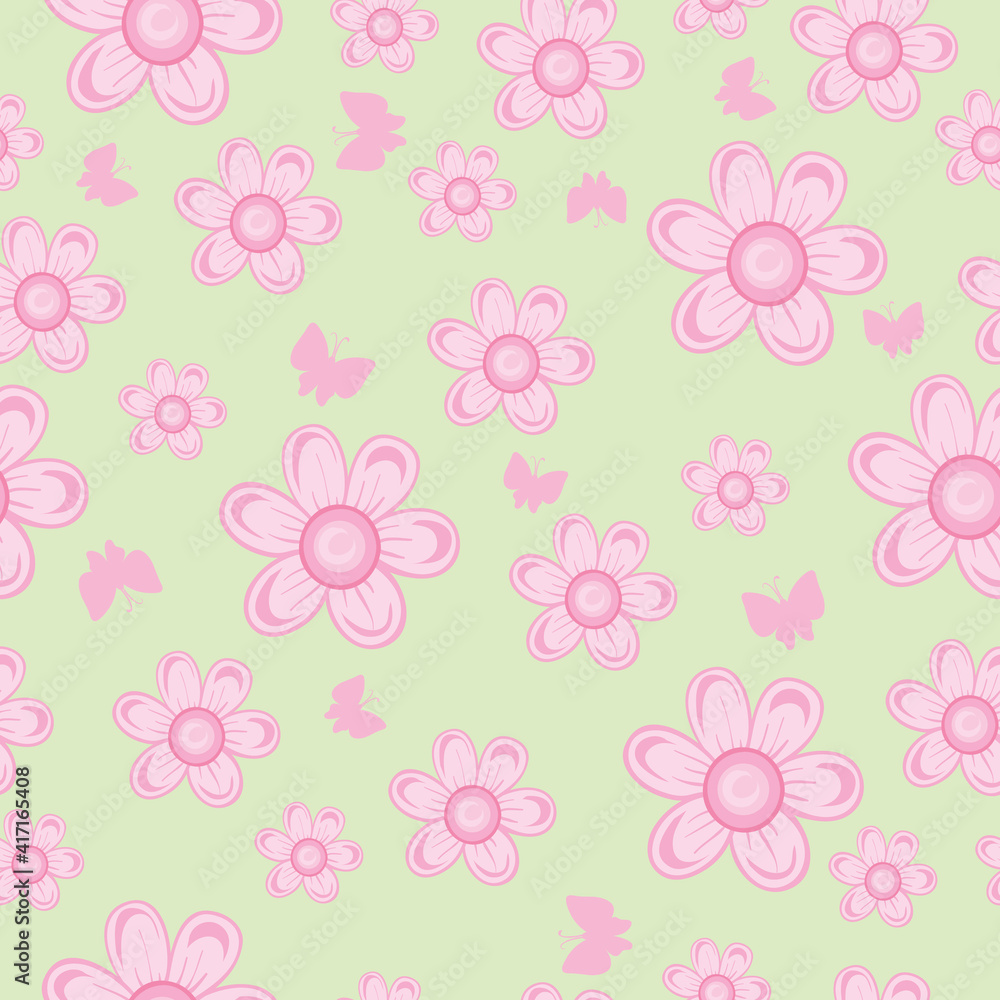 pattern, delicate light pink flowers on a green background, vector illustration,