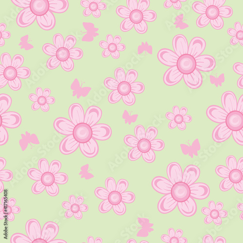 pattern, delicate light pink flowers on a green background, vector illustration,