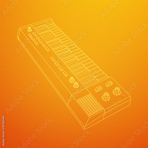 Piano roll analog synthesizer faders buttons knobs. Wireframe low poly mesh vector illustration.