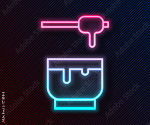 Glowing neon line Honey dipper stick and bowl icon isolated on black background. Honey ladle. Vector Illustration.