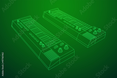 Piano roll analog synthesizer faders buttons knobs. Wireframe low poly mesh vector illustration.