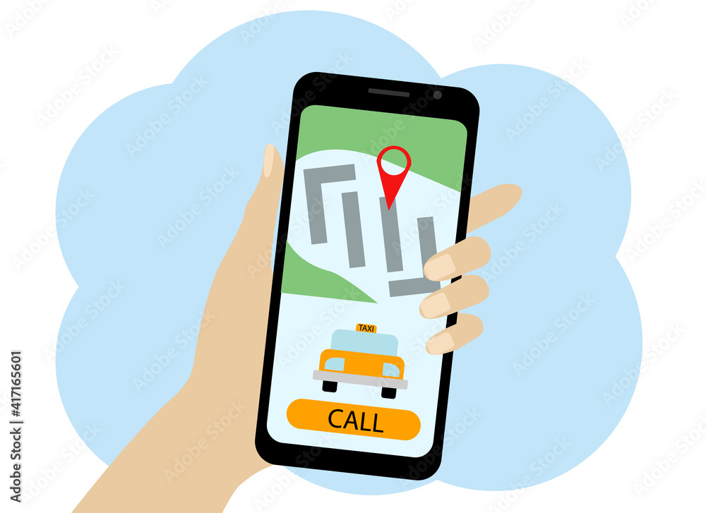 Hand with a mobile phone. On the phone there is a taxi call application. Hand with a mobile phone. On the phone there is a taxi call application.