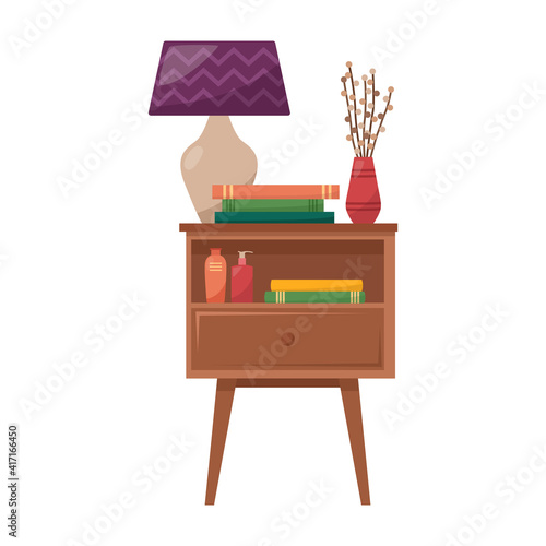 Bedside table with lamp, books, vase with dried flowers, cream for hand and face, vector illustration