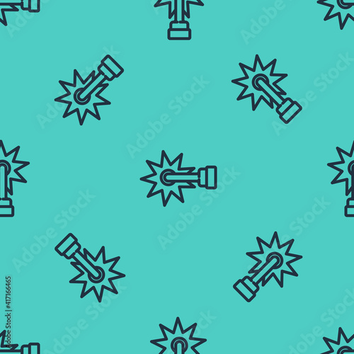 Black line Cowboy horse riding spur for boot icon isolated seamless pattern on green background. Vector.