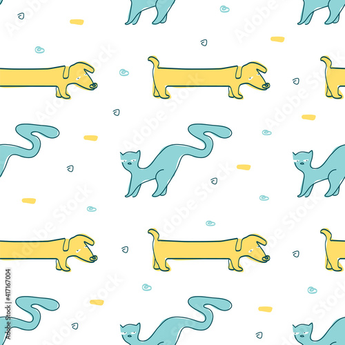 Seamless pattern with Dachshund Dogs and Cats. Line art vector illustration in blue and yellow colors, childish style