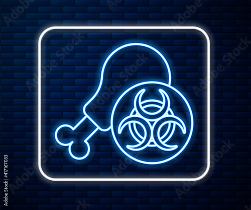 Glowing neon line Gmo research chicken icon isolated on brick wall background. Syringe being injected to chicken. Vector.