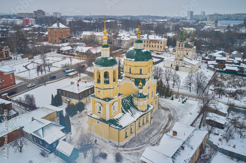 Scenic aerial view of The Ilinskiy Church in small town Serpukhov in Moscow oblast in Russian Federation. Beautiful winter look of old little orthodox cathedral in ancient russian town photo