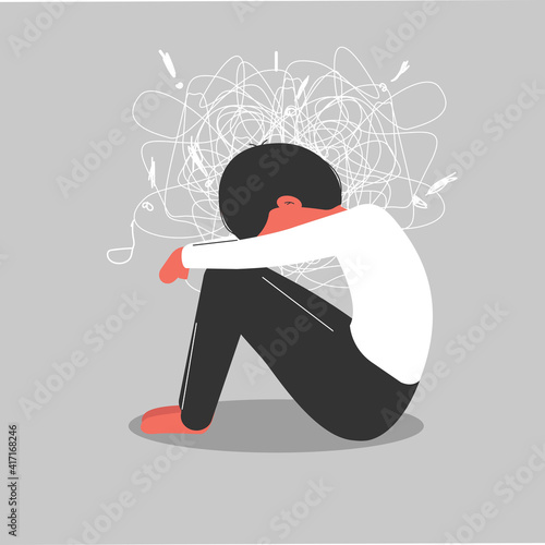 The man gets too much information. Information and data overload. Mental health. Digital information overload. Flat cartoon design styles vector illustration.