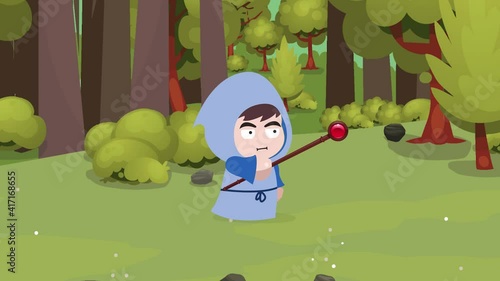RPG Mage Character Walking and pointing the staf forward for attack in the forest