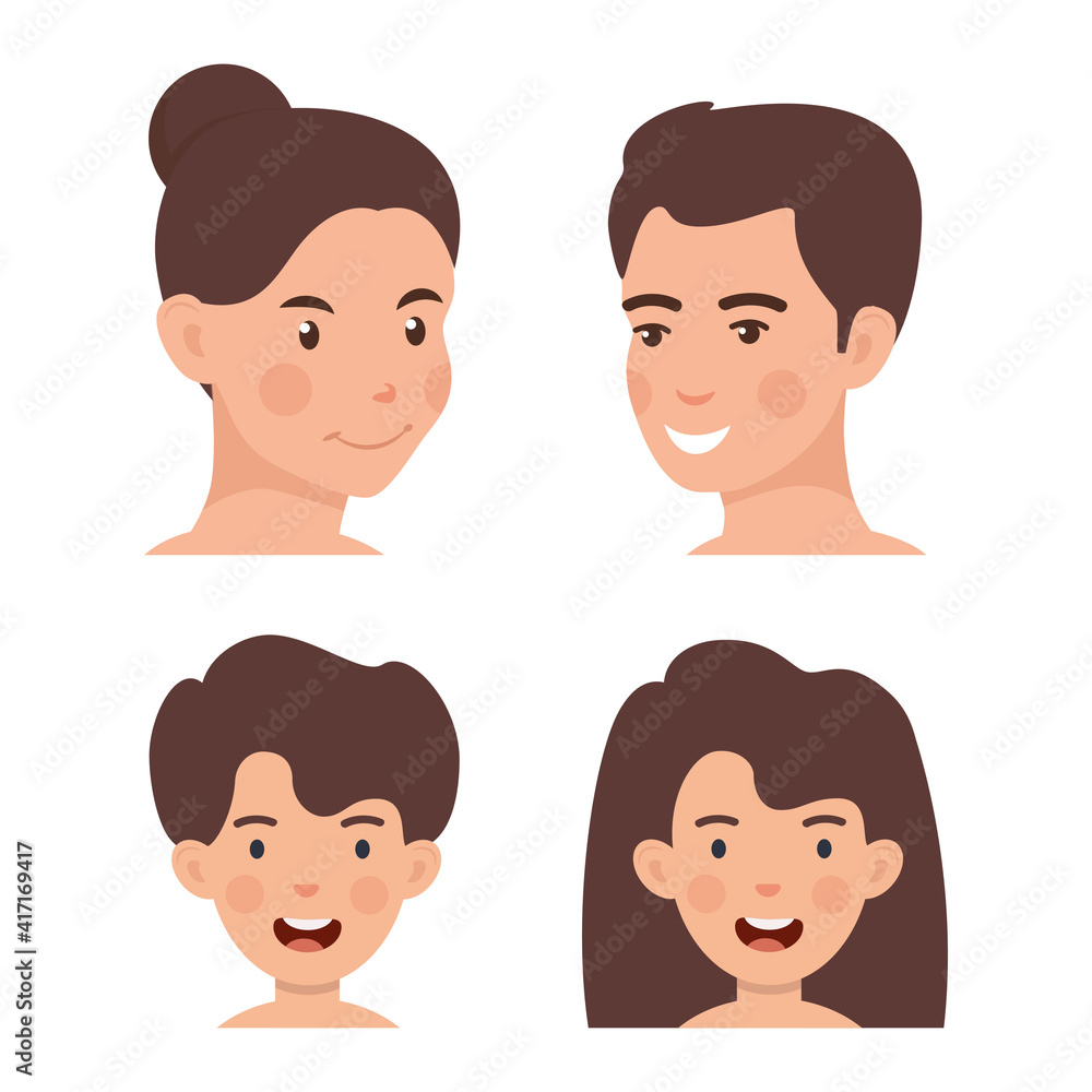 Set of happy family avatars, flat design style. Mom, dad, son, daughter happy faces. Vector illustration. Set of happy family avatars, flat design style. Mom, dad, son, daughter happy faces. Vector illustration.