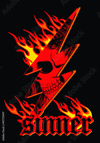Fotografia Skull with flame illustration vector design print for tee and poster
