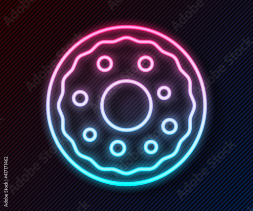 Glowing neon line Donut with sweet glaze icon isolated on black background. Vector.