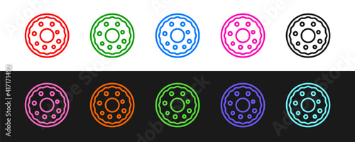 Set line Donut with sweet glaze icon isolated on black and white background. Vector.