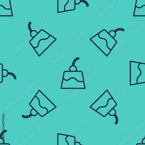 Black line Pudding custard with caramel glaze icon isolated seamless pattern on green background. Vector.