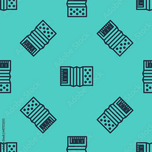 Black line Musical instrument accordion icon isolated seamless pattern on green background. Classical bayan, harmonic. Vector.