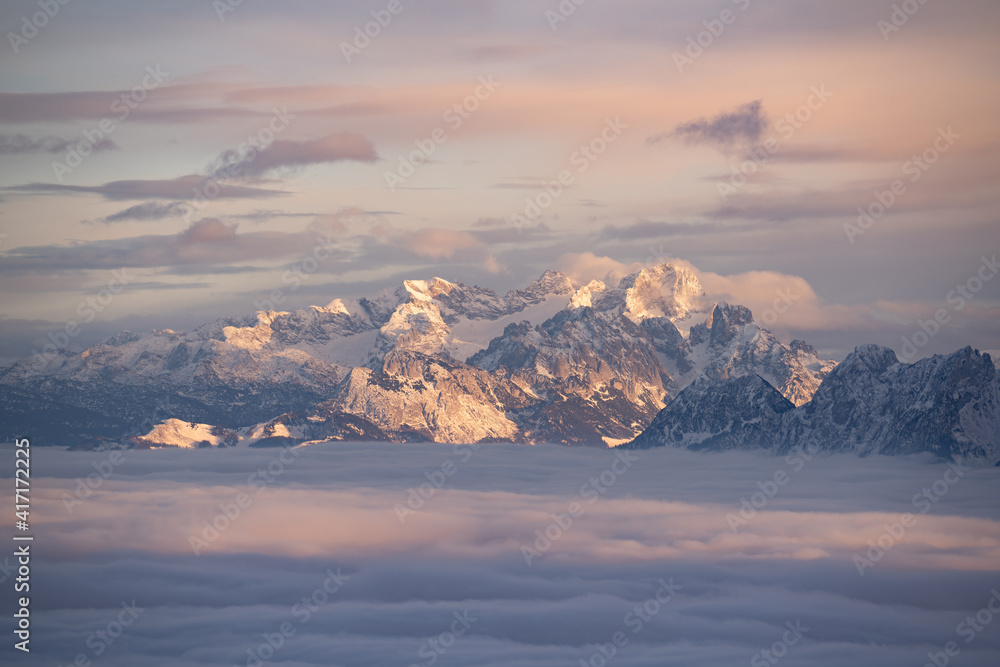 Mountains in the alps covered with snow in the wintertime around december