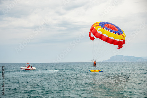 Colorful hot air balloon over the sea
