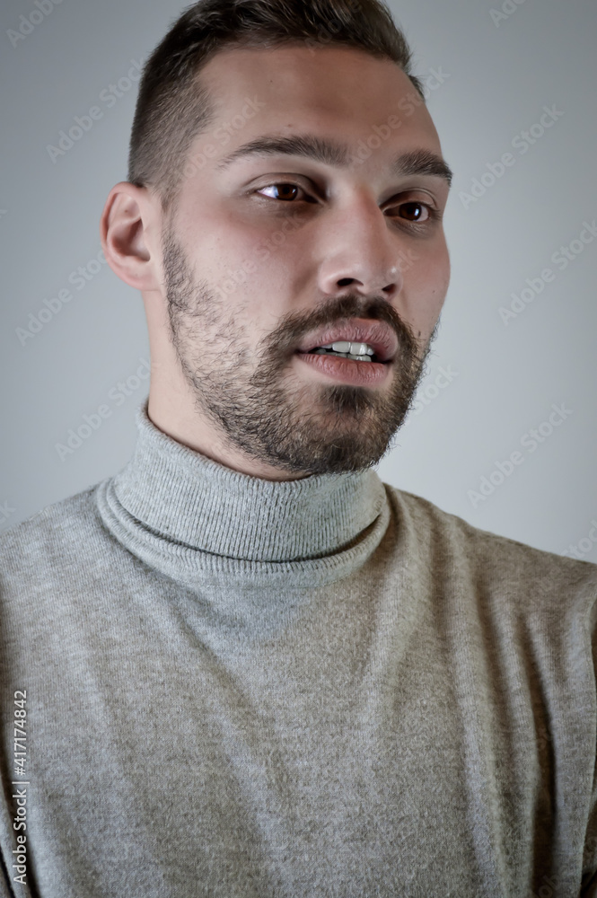 Portrait of a young brown-haired man with a short beard and a gray turtleneck sweater Portrait of a young brown-haired man with a short beard and a gray turtleneck sweater