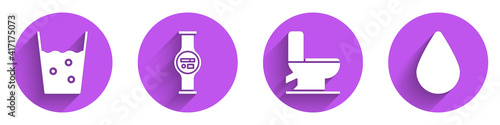 Set Glass with water, Water meter, Toilet bowl and Water drop icon with long shadow. Vector.
