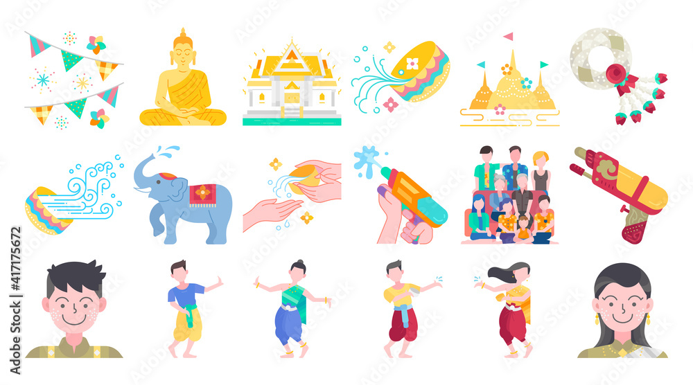 Songkran thailand festival flat design icon set. Thai water splashing festive day, thai dancing traditional and cultural. Colorful vector and illustration.