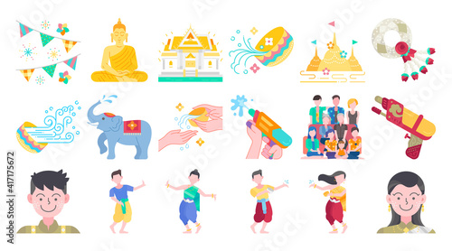 Songkran thailand festival flat design icon set. Thai water splashing festive day, thai dancing traditional and cultural. Colorful vector and illustration.