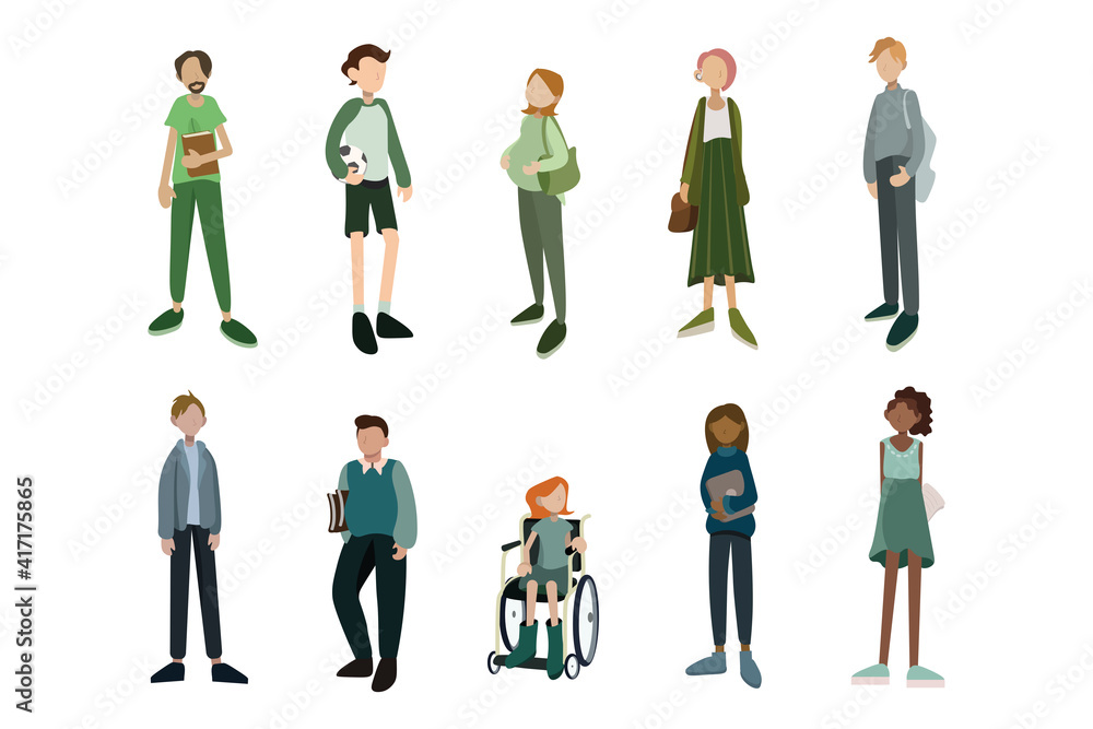 Set of diverse people. Community of ordinary people and people with disabilities. Old, young and students - man and woman.
Flat vector illustrations. Good for website design, for banner.