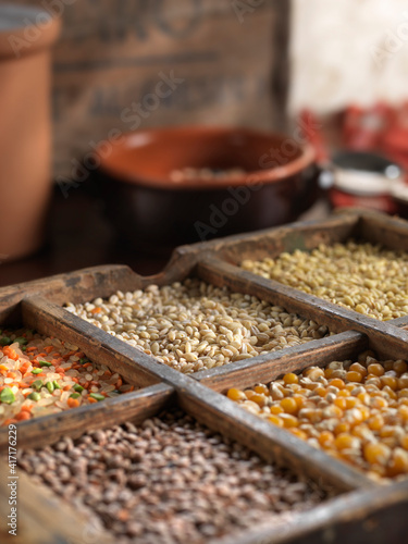 Legumes inside rustic wooden container
