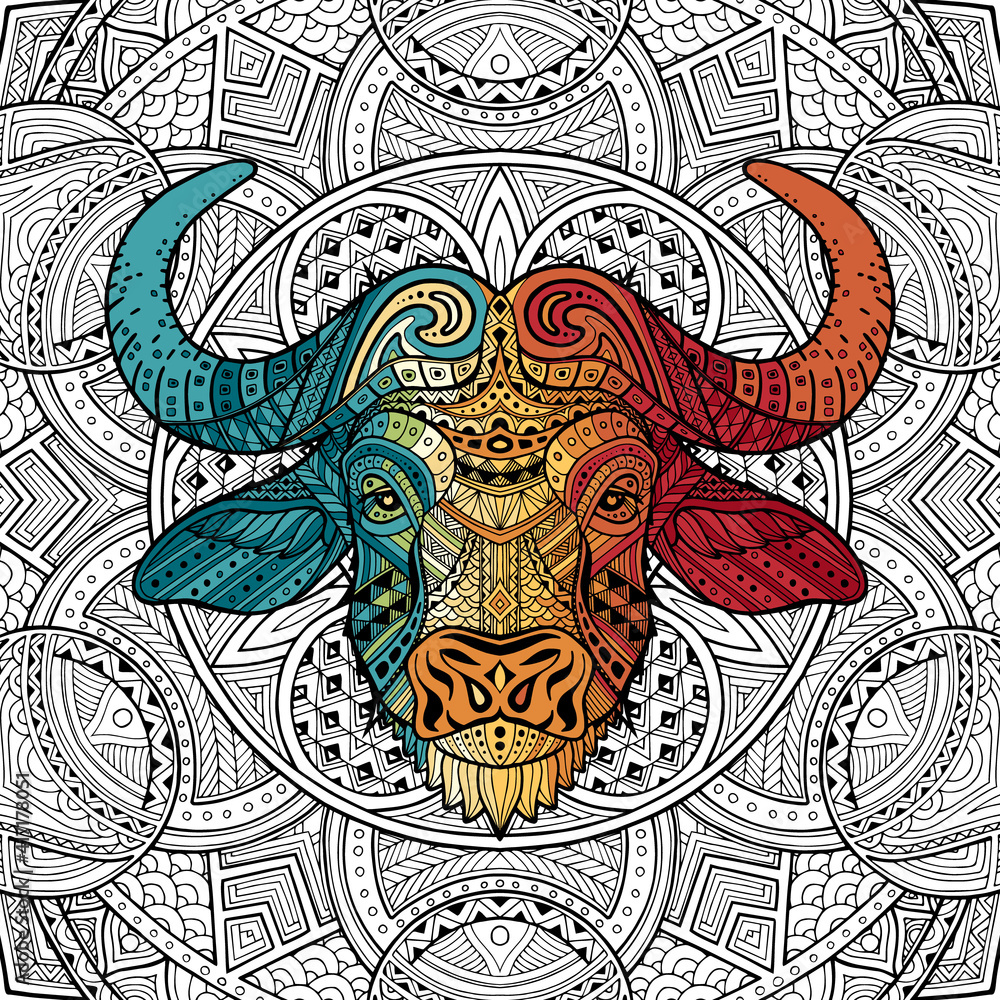 Buffalo. Patterned bull head in the zentangle style of a white background passing with colorful gradient . Tribal ornament painted by hand. Series ethnic animals. African, Indian. Ornament. Vector. Buffalo. Patterned bull head in the zentangle style of a white background passing with colorful gradient . Tribal ornament painted by hand. Series ethnic animals. African, Indian. Ornament. Vector.