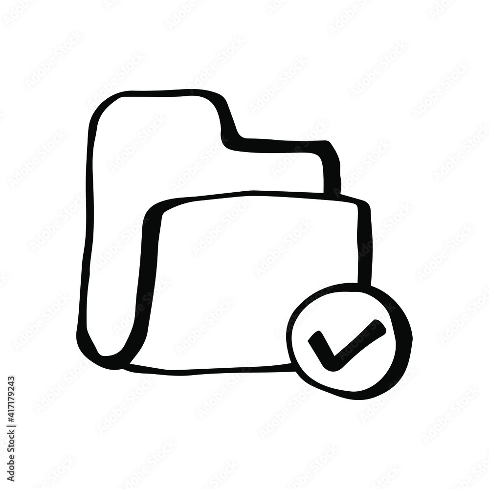 Obraz premium Simple folder icon with check mark in doodle style isolated on white. Vector illustration.