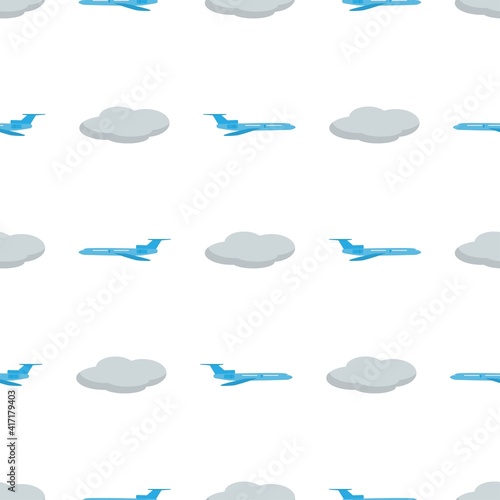 Seamless patterns. Airplane with clouds isolated on white background. Vector illustration.