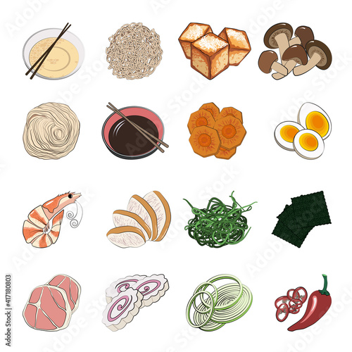 Traditional Japanese or Korean food - a big set of ingredients for traditional Oriental ramen noodle soups. Vector illustration in hand-drawn style on a white background