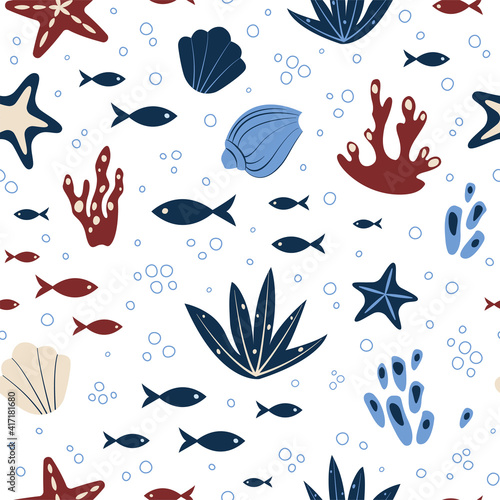 Seamless pattern with seashells, fish, coral, algae. Seabed pattern.