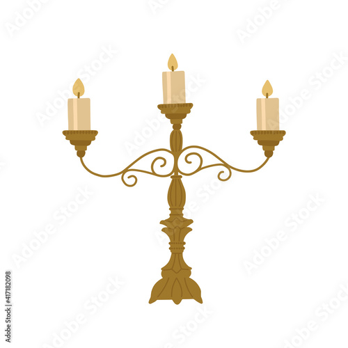 Vintage candlestick with three burning candles. Vector illustration isolated on white background