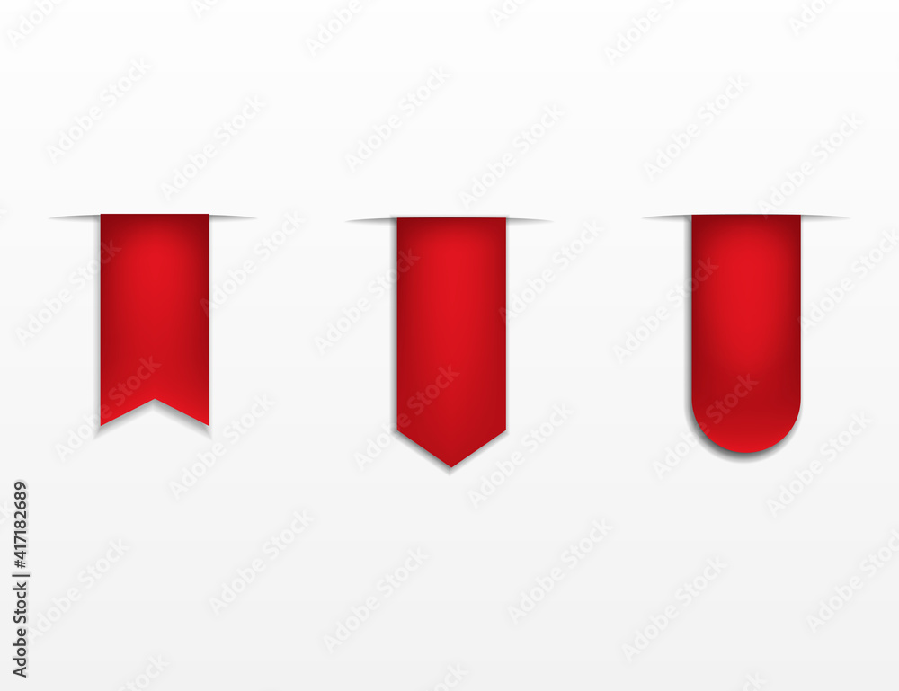 Three red vector ribbon tags with shadows isolated on white background.
