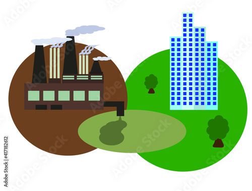 An environmental disaster from industry for humanity and nature. The plant discharges waste near the city and forest. Ecological problems, cataclysms. Illustration vector.