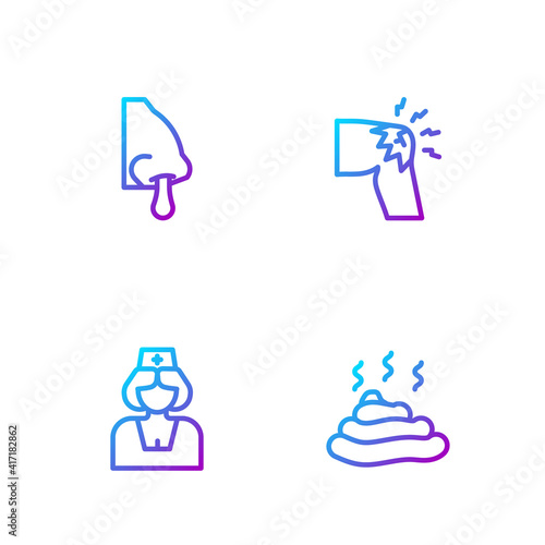 Set line Shit, Nurse, Runny nose and Joint pain, knee pain. Gradient color icons. Vector.